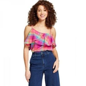 a new day Asymmetrical Tank Top Size L Rainbow Plaid Madras Ruffles